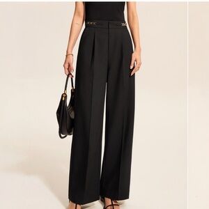 Commense Black Large Mid-Waist Pleated Wide Leg Career Chic Pants Chain Detail